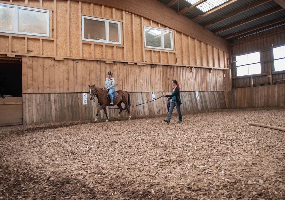 Mädchen beim Reiten in der Reithalle Mädchen beim Reiten in der Reithalle