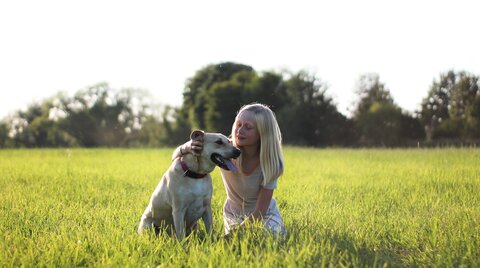 Mädchen mit Hund auf Wiese