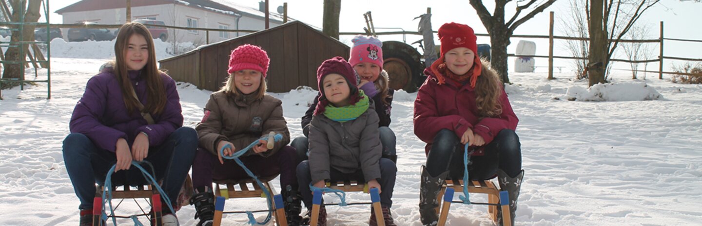 Kinder im Winter auf Schlitten